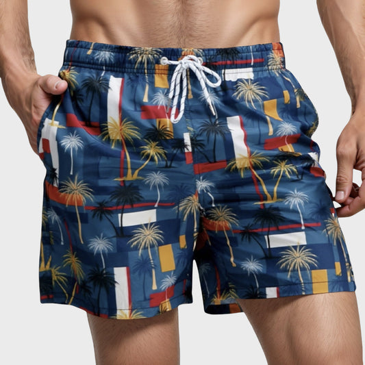 Men's Geometric Palm Tree Swim Trunks with Quick-Dry Fabric and Adjustable Drawstring Waist for Bold Summer Style