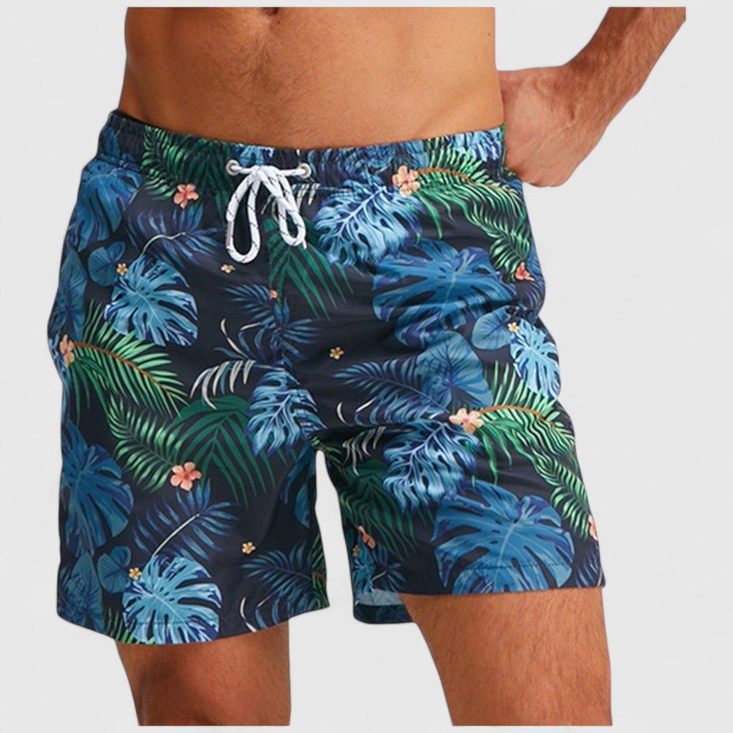 Men's Tropical Leaf Print Swim Trunks with Adjustable Drawstring and Side Pockets
