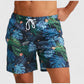 Men's Tropical Leaf Print Swim Trunks with Adjustable Drawstring and Side Pockets