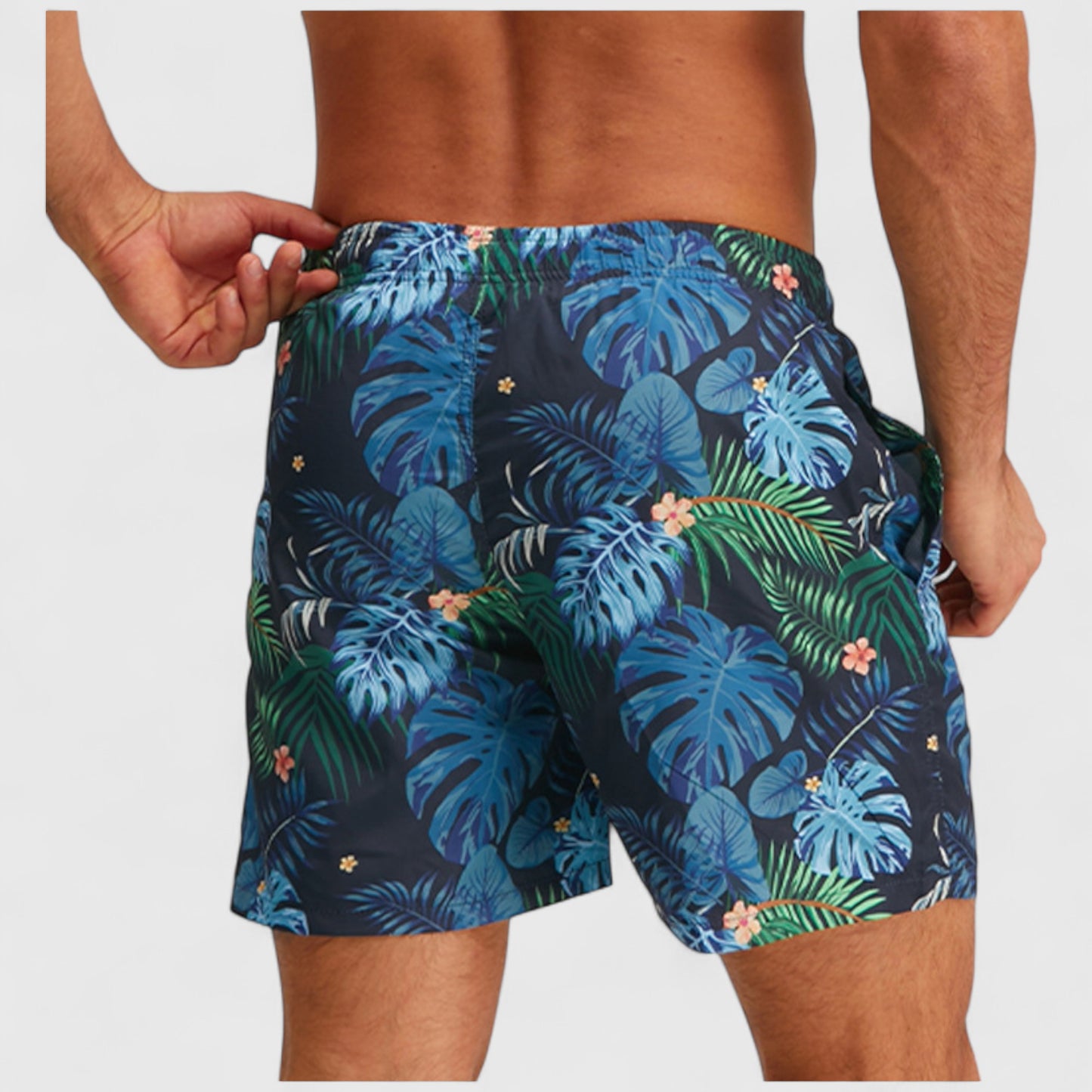 Men's Tropical Leaf Print Swim Trunks with Adjustable Drawstring and Side Pockets