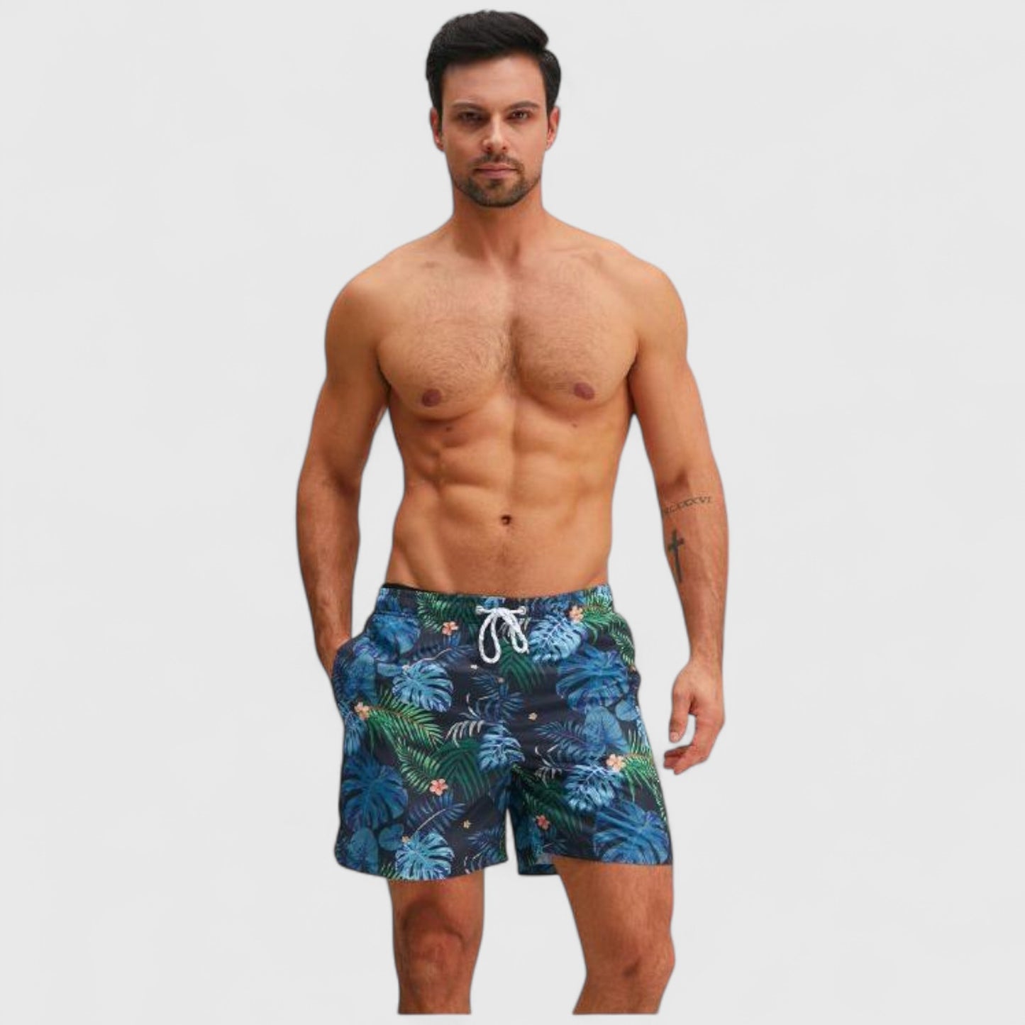 Men's Tropical Leaf Print Swim Trunks with Adjustable Drawstring and Side Pockets