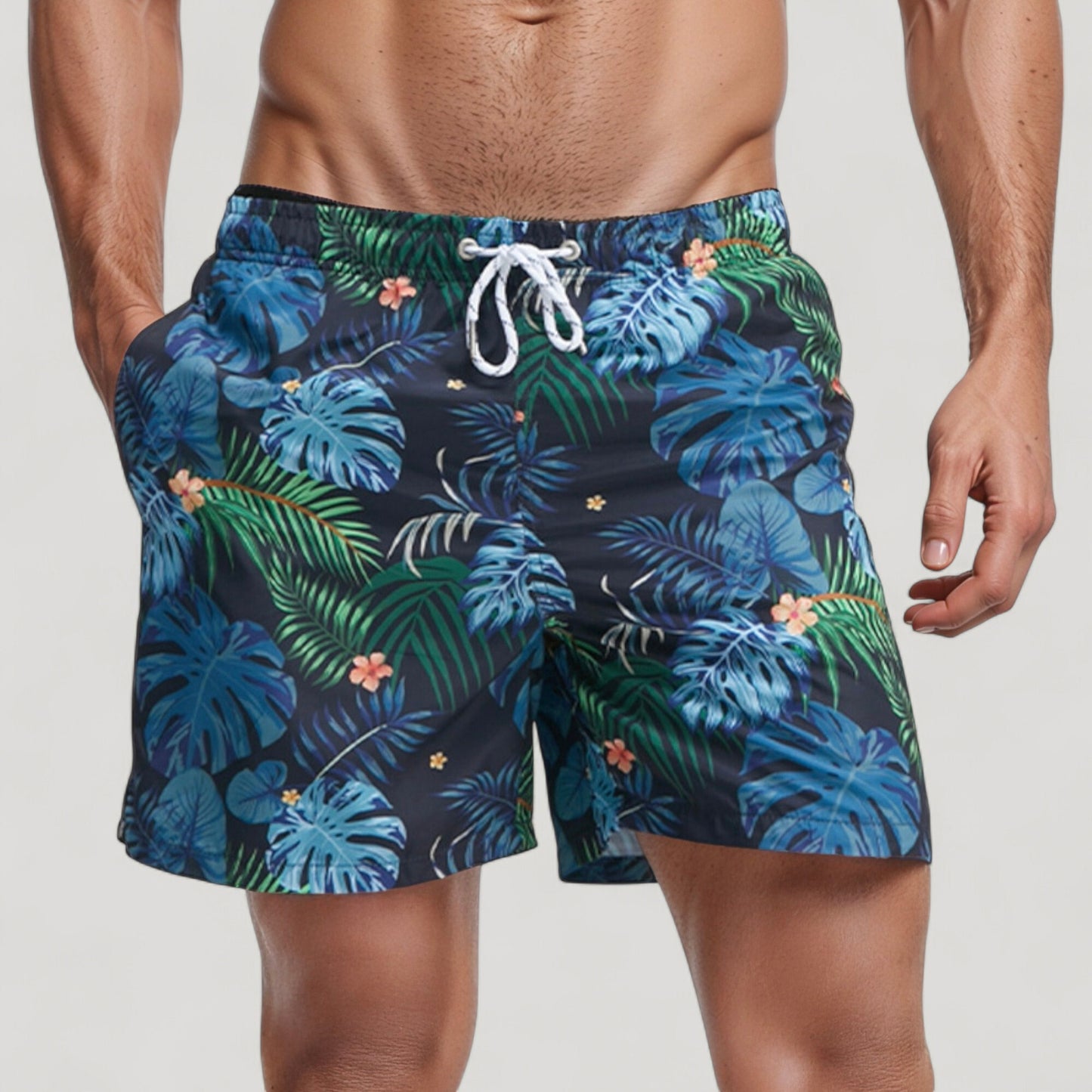 Men's Tropical Leaf Print Swim Trunks with Quick-Dry Fabric and Drawstring Waistband for Beach and Pool Comfort