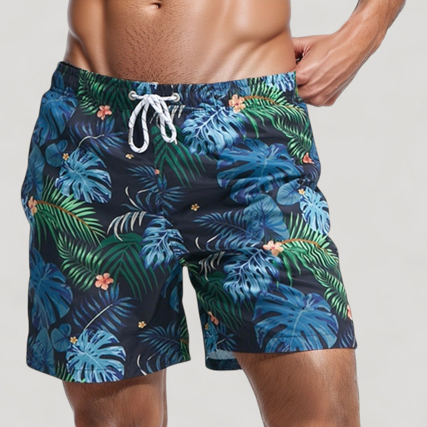 Men's Tropical Leaf Print Swim Trunks with Quick-Dry Fabric and Drawstring Waistband for Beach and Pool Comfort