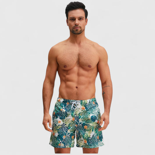 Men's Tropical Leaf Print Swim Trunks with Elastic Waistband and Mesh Lining