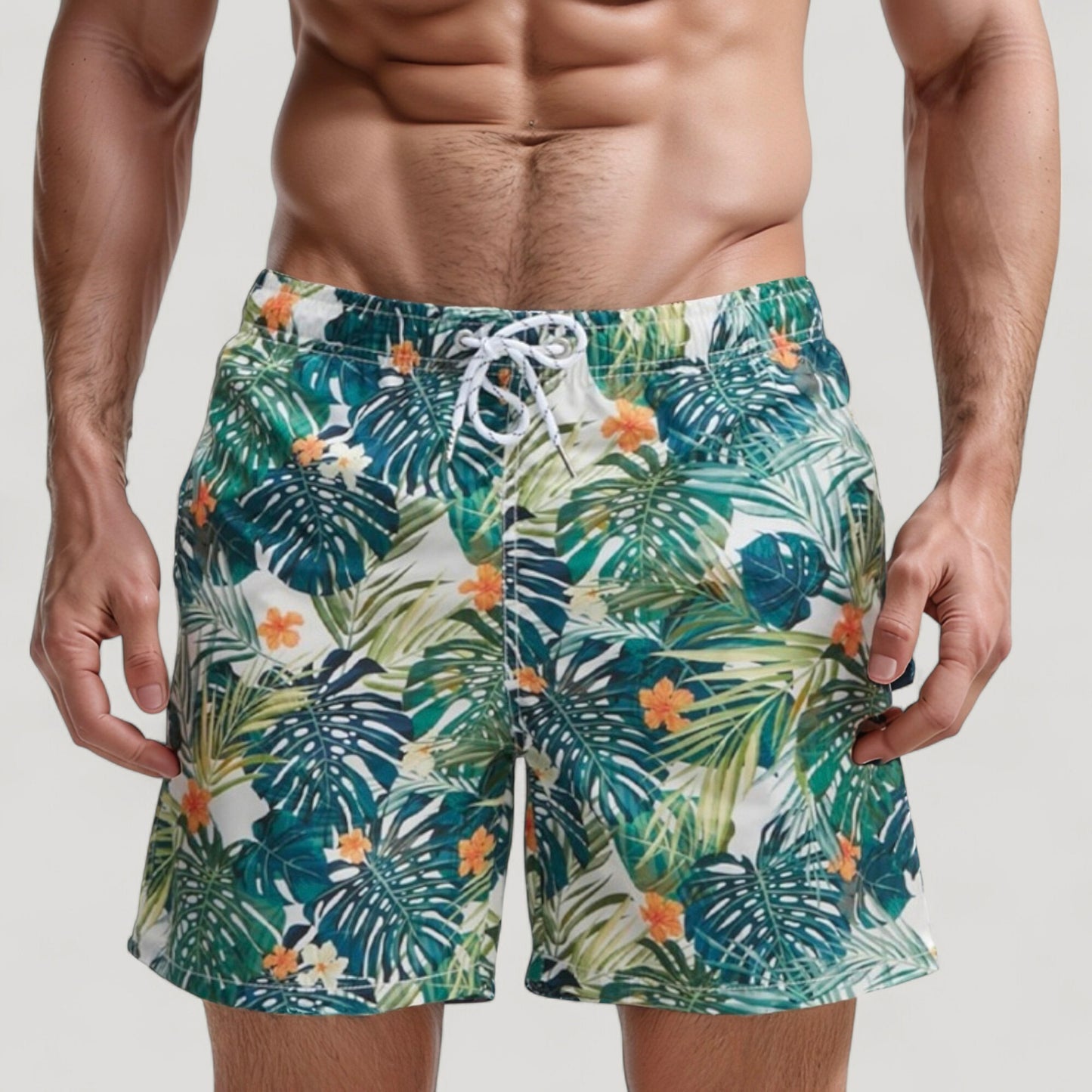 Men's Tropical Leaf and Floral Print Swim Trunks with Quick-Dry Fabric and Drawstring Waist for Vibrant Beach Style