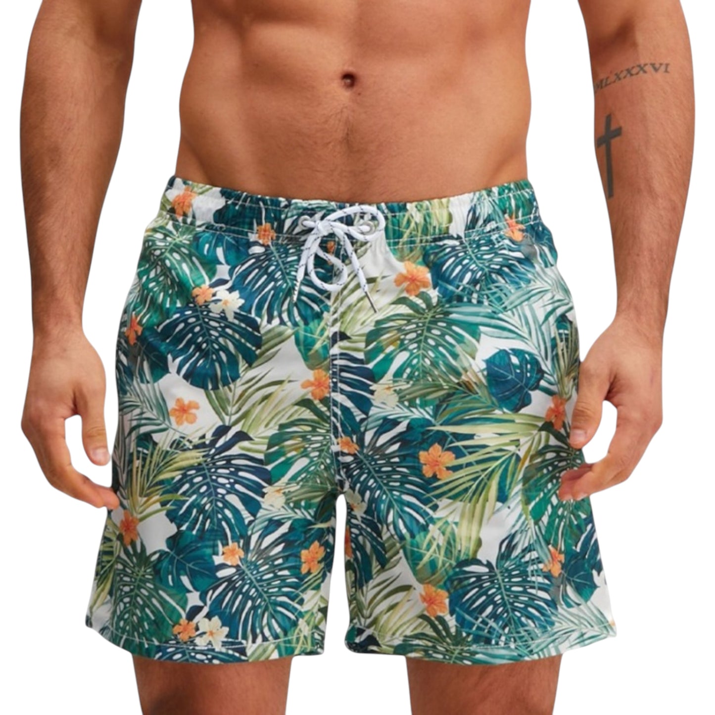 Men's Tropical Leaf Print Swim Trunks with Elastic Waistband and Mesh Lining