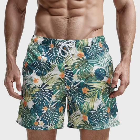 Men's Tropical Leaf and Floral Print Swim Trunks with Quick-Dry Fabric and Drawstring Waist for Vibrant Beach Style