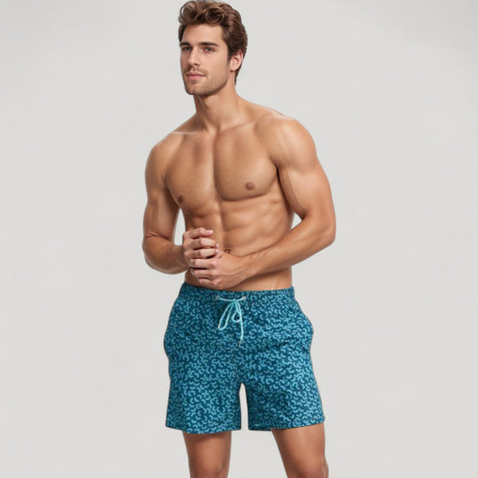 Men's Blue Abstract Print Swim Trunks with Quick-Dry Fabric and Adjustable Drawstring Waist for Summer Wear