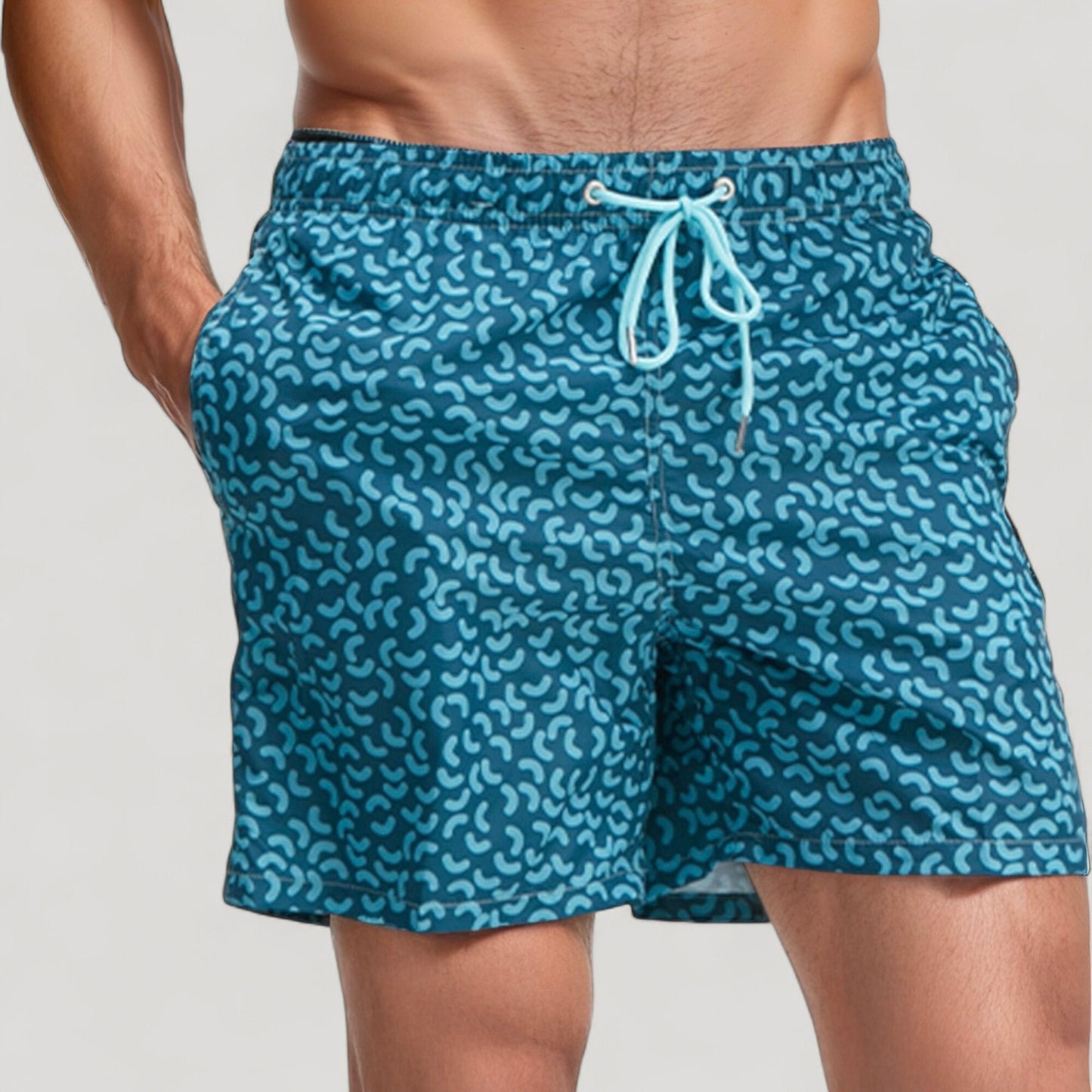 Men's Blue Abstract Print Swim Trunks with Quick-Dry Fabric and Adjustable Drawstring Waist for Summer Wear