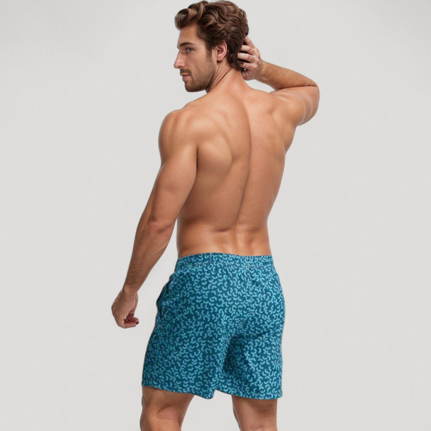 Men's Blue Abstract Print Swim Trunks with Quick-Dry Fabric and Adjustable Drawstring Waist for Summer Wear