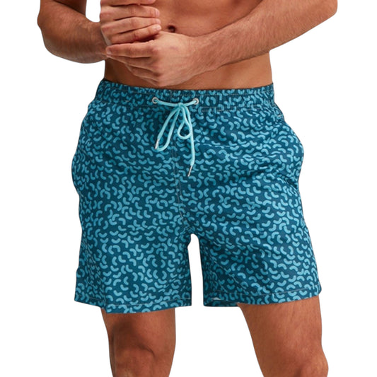Men's Abstract Print Swim Trunks with Elastic Waistband and Adjustable Drawstring