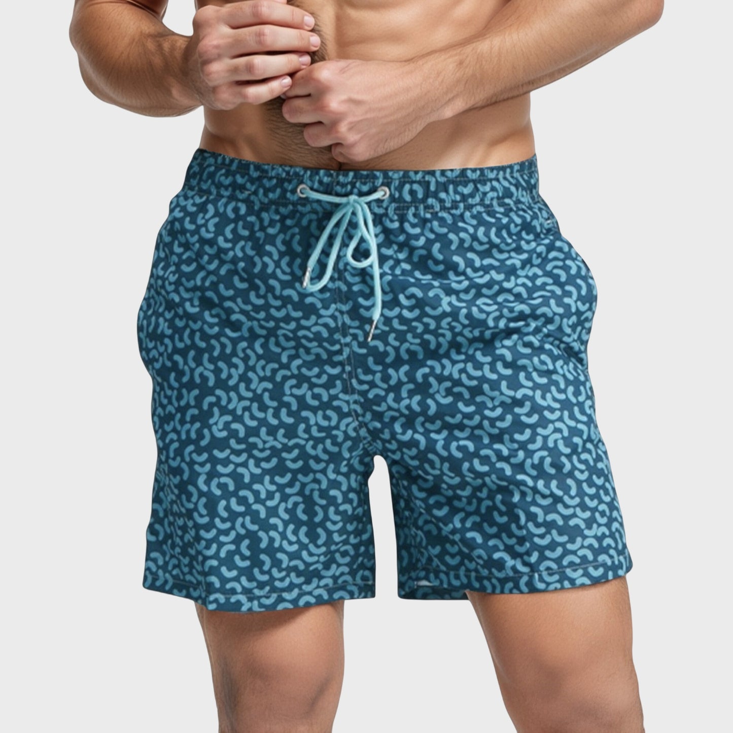 Men's Blue Abstract Print Swim Trunks with Quick-Dry Fabric and Adjustable Drawstring Waist for Summer Wear