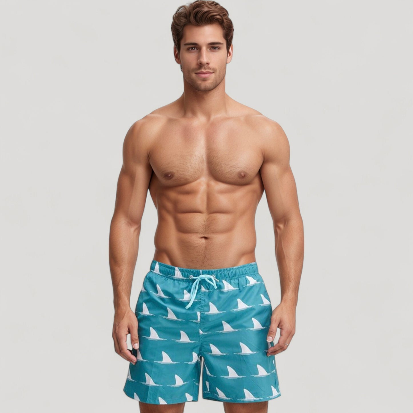 Men's Shark Fin Print Swim Trunks with Quick-Dry Fabric and Adjustable Drawstring Waist for Bold Beachwear Style