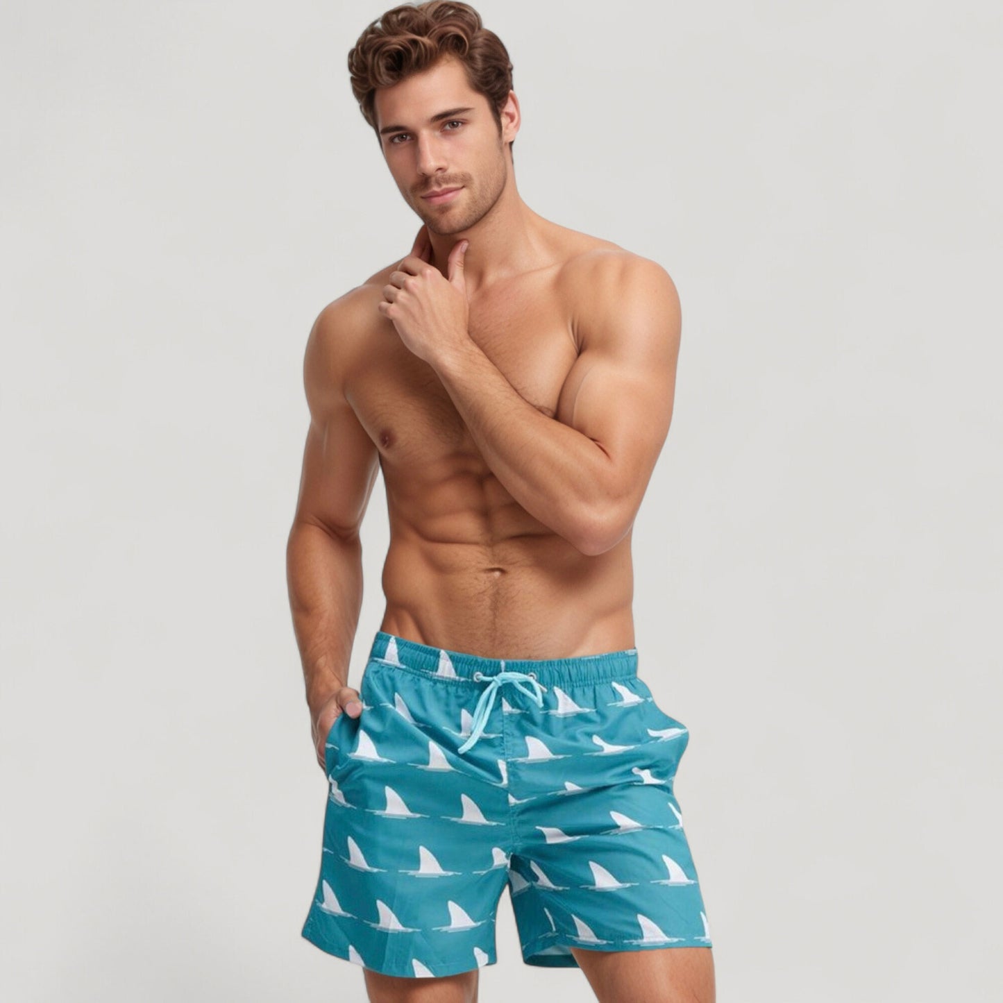 Men's Shark Fin Print Swim Trunks with Quick-Dry Fabric and Adjustable Drawstring Waist for Bold Beachwear Style