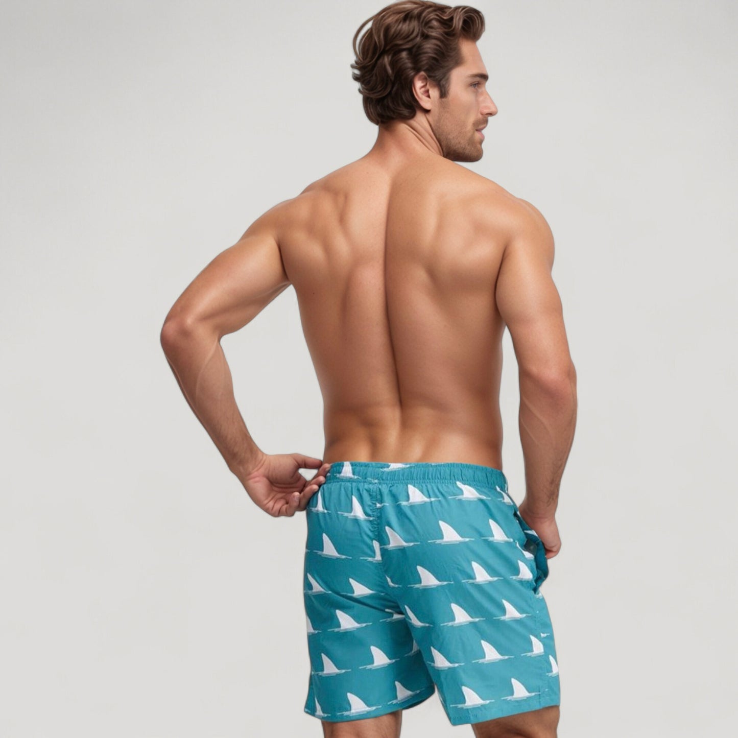 Men's Shark Fin Print Swim Trunks with Quick-Dry Fabric and Adjustable Drawstring Waist for Bold Beachwear Style