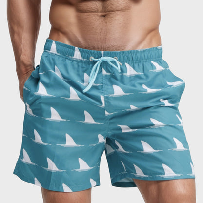 Men's Shark Fin Print Swim Trunks with Quick-Dry Fabric and Adjustable Drawstring Waist for Bold Beachwear Style
