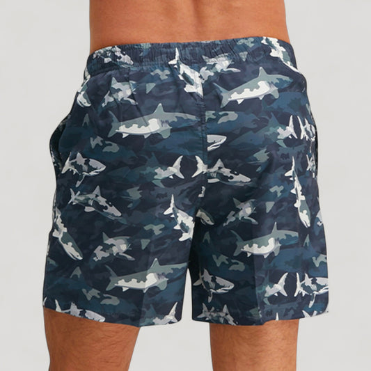 Men's Shark Print Swim Trunks with Camouflage Background Drawstring Waistband and Side Pockets