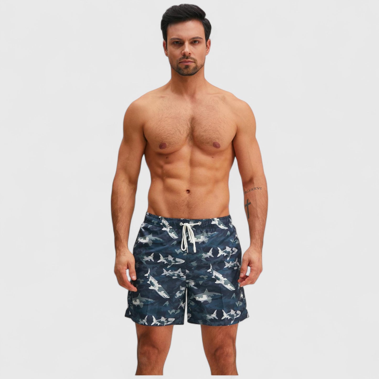 Men's Shark Camo Print Swim Trunks with Adjustable Drawstring and Side Pockets