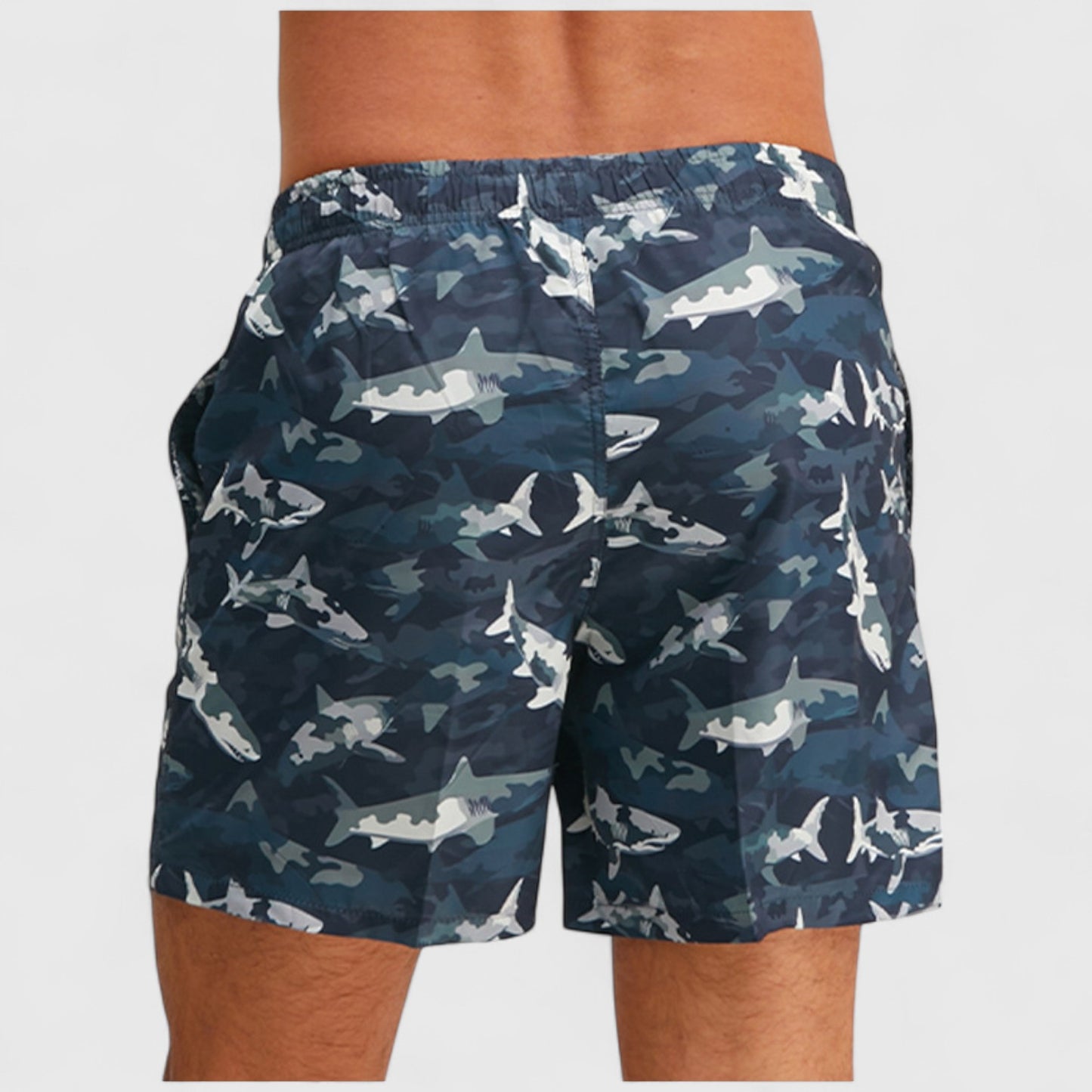 Men's Shark Camo Print Swim Trunks with Adjustable Drawstring and Side Pockets