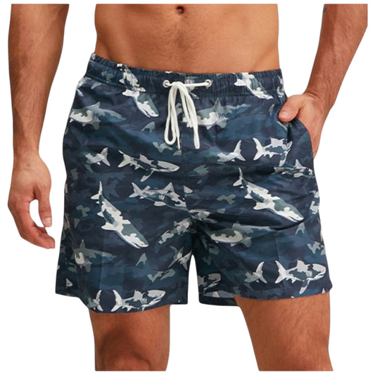 Men's Shark Camo Print Swim Trunks with Adjustable Drawstring and Side Pockets