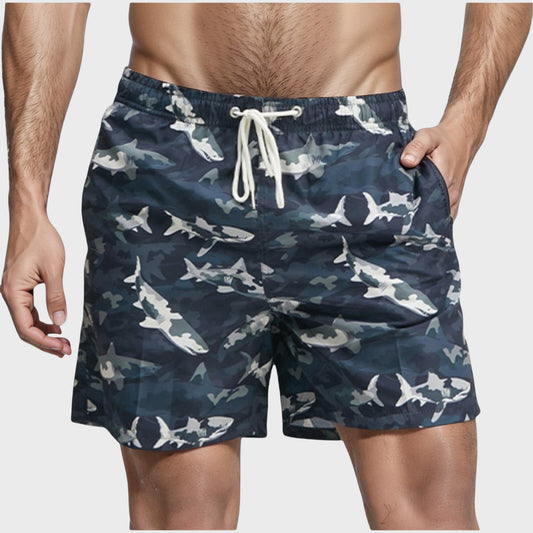 Men's Shark Print Swim Trunks with Camouflage Background Drawstring Waistband and Side Pockets