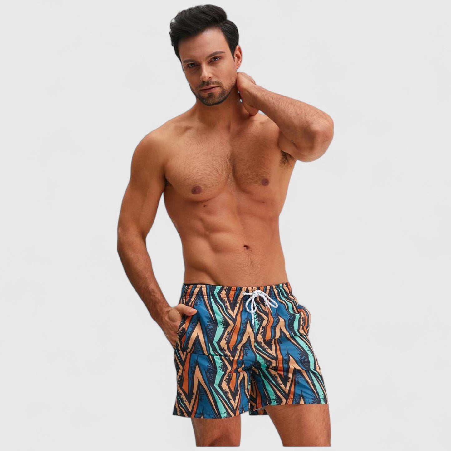 Men's Geometric Print Swim Trunks with Elastic Waistband and Side Pockets
