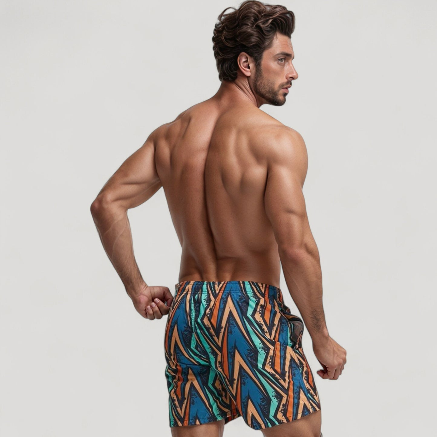 Men's Geometric Zigzag Swim Trunks with Abstract Stripes Elastic Waist and Side Pockets