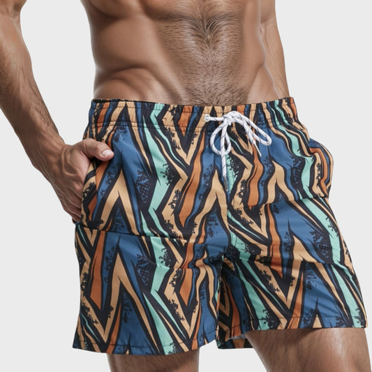 Men's Geometric Zigzag Swim Trunks with Abstract Stripes Elastic Waist and Side Pockets