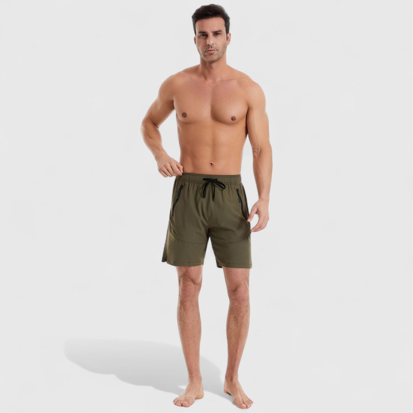 Men's Solid Performance Swim Trunks with Zip Pockets and Adjustable Drawstring Waist