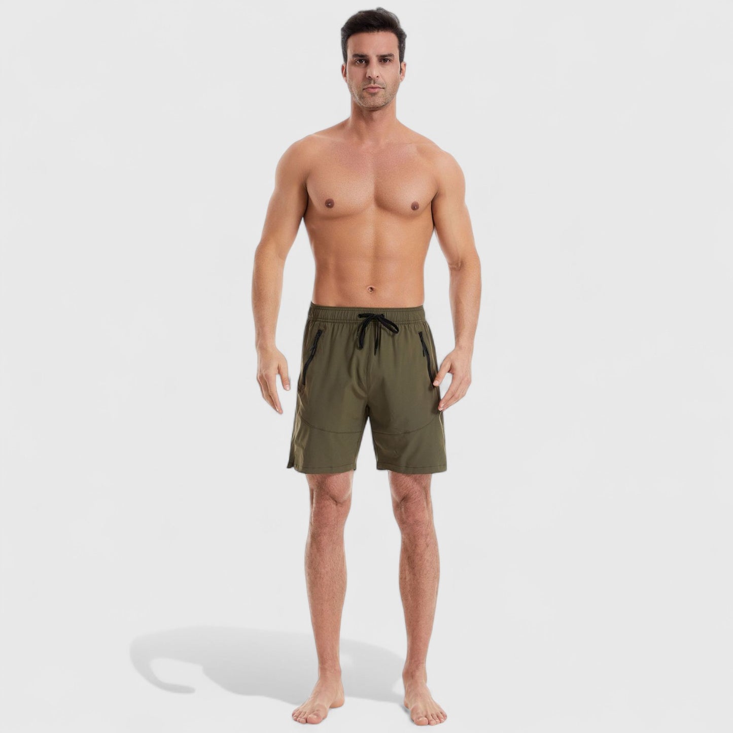 Men's Solid Performance Swim Trunks with Zip Pockets and Adjustable Drawstring Waist