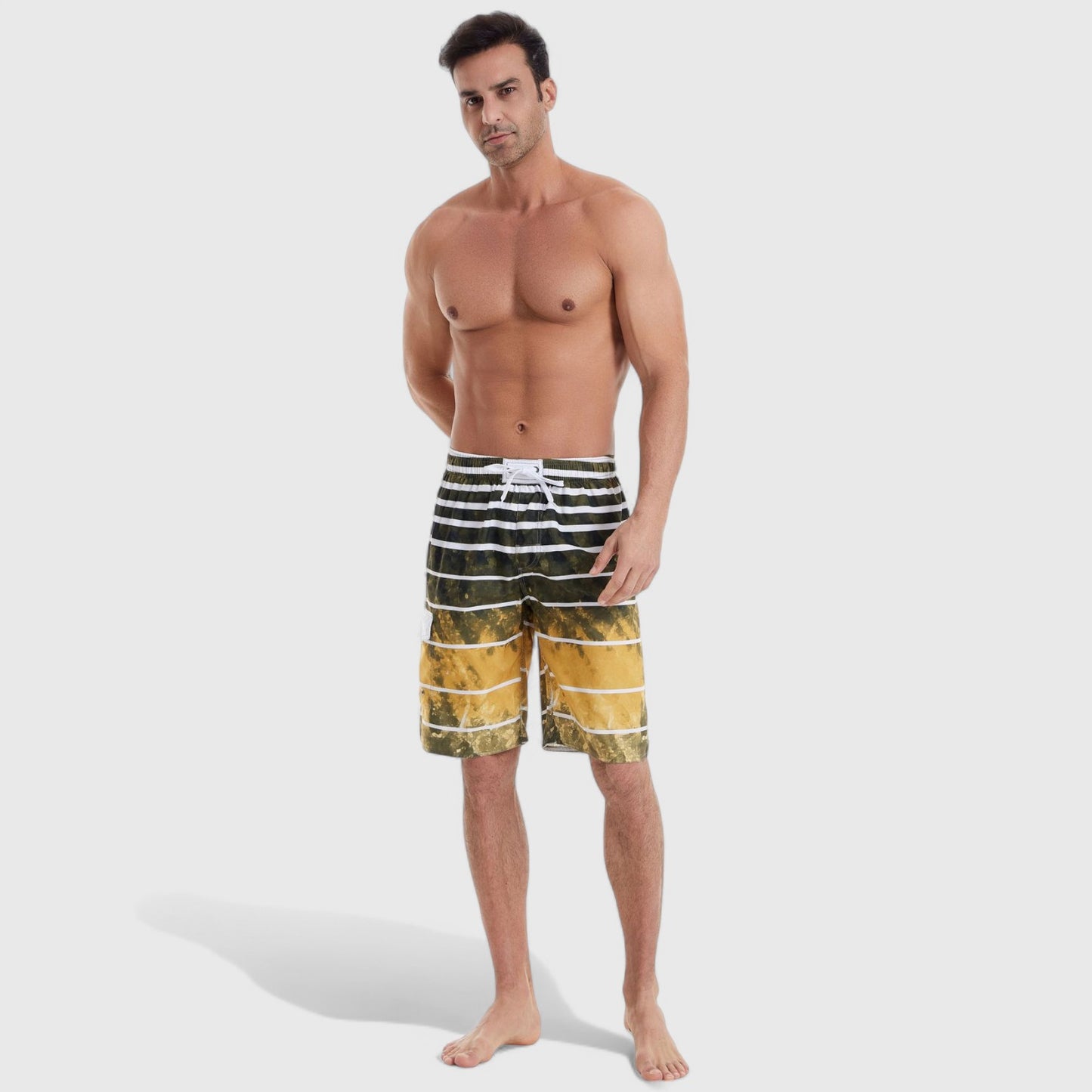 Men's Striped Ombre Board Shorts with Elastic Waistband and Drawstring Closure