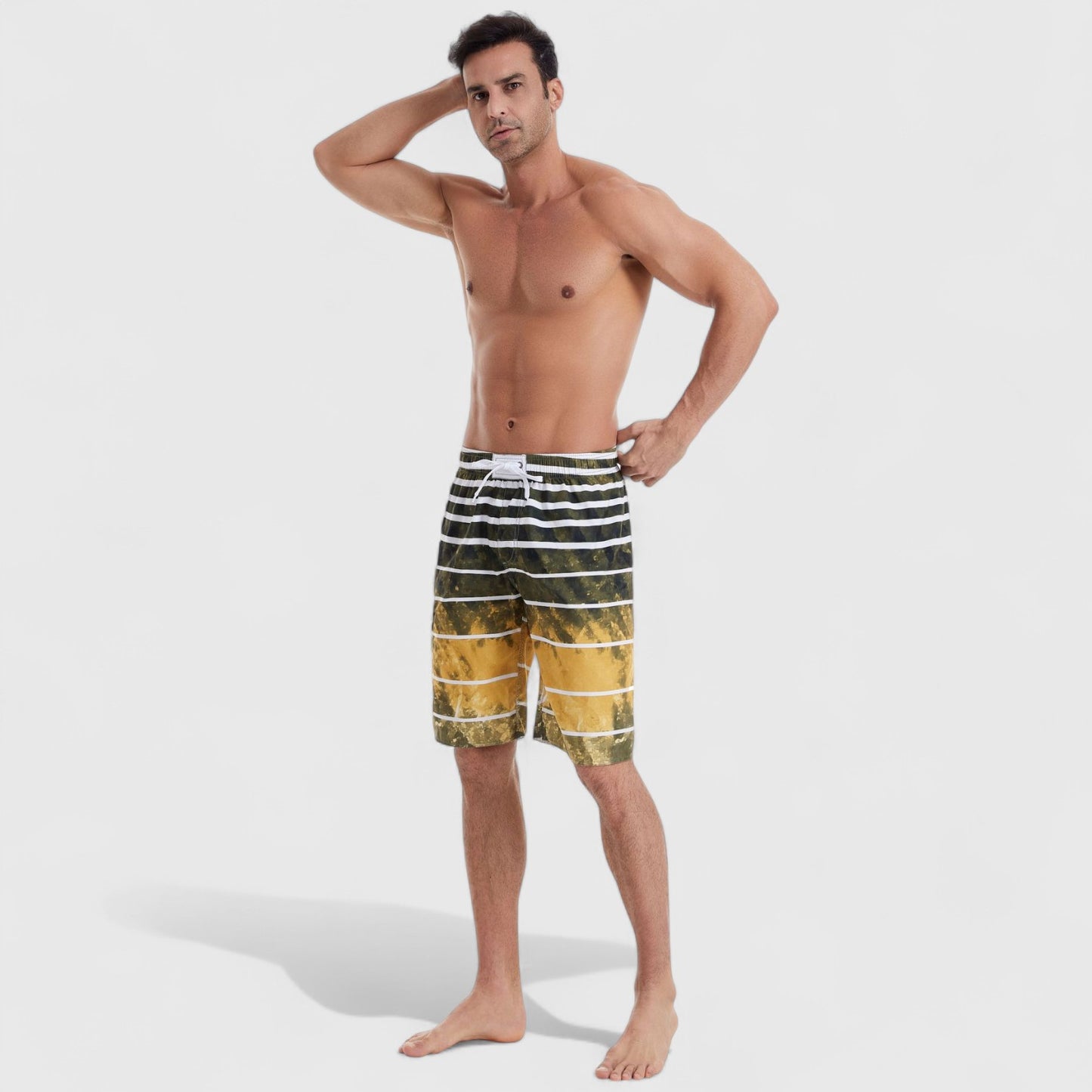 Men's Striped Ombre Board Shorts with Elastic Waistband and Drawstring Closure