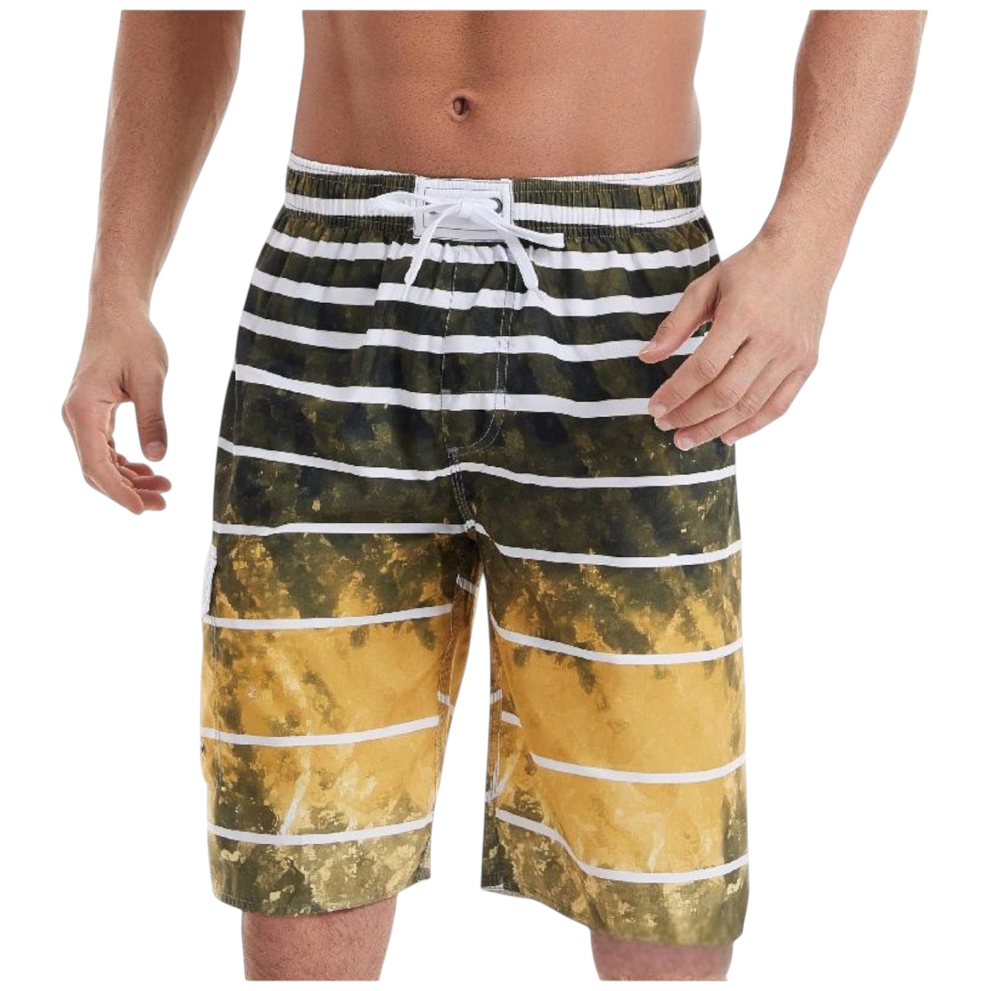 Men's Striped Ombre Board Shorts with Elastic Waistband and Drawstring Closure