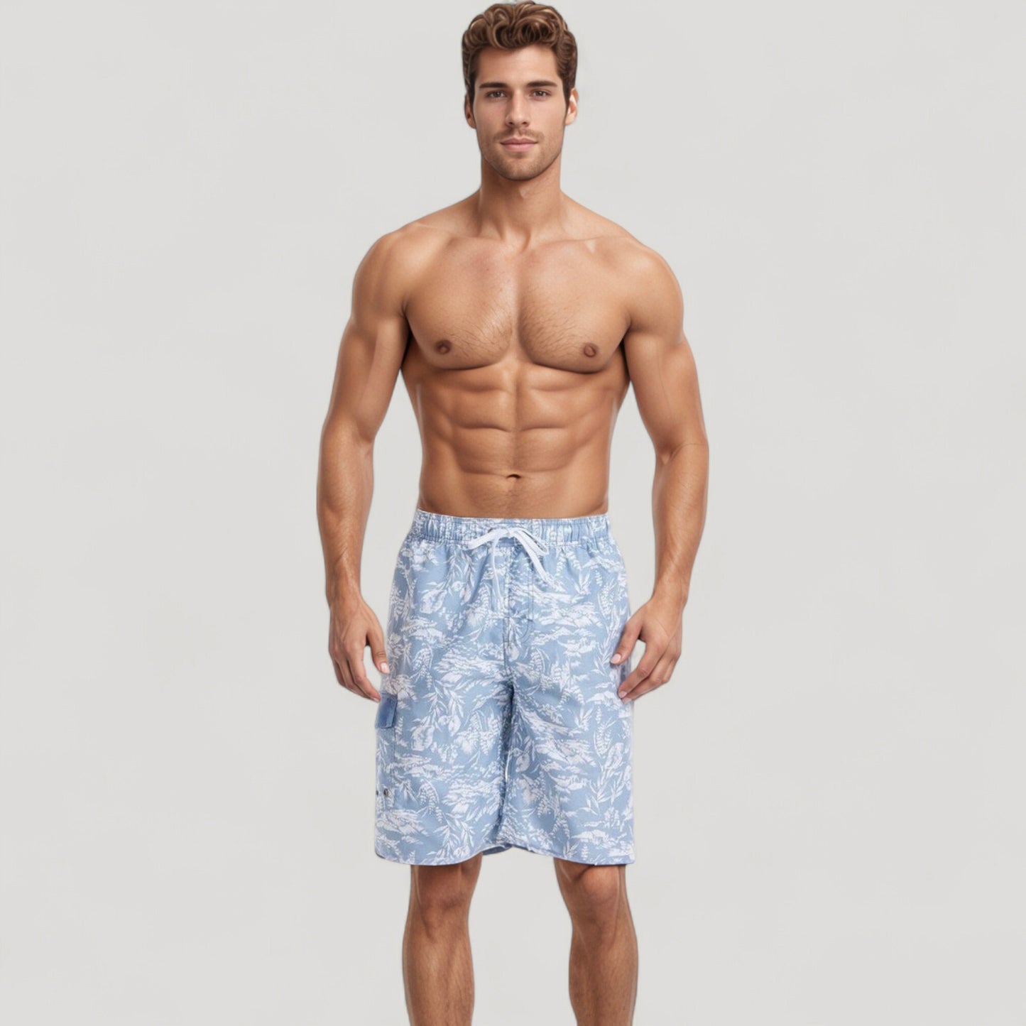 Men's Tropical Print Swim Trunks with Adjustable Drawstring Waist and Cargo Pocket Detail