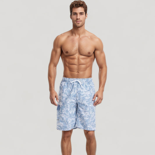 Men's Tropical Print Swim Trunks with Adjustable Drawstring Waist and Cargo Pocket Detail