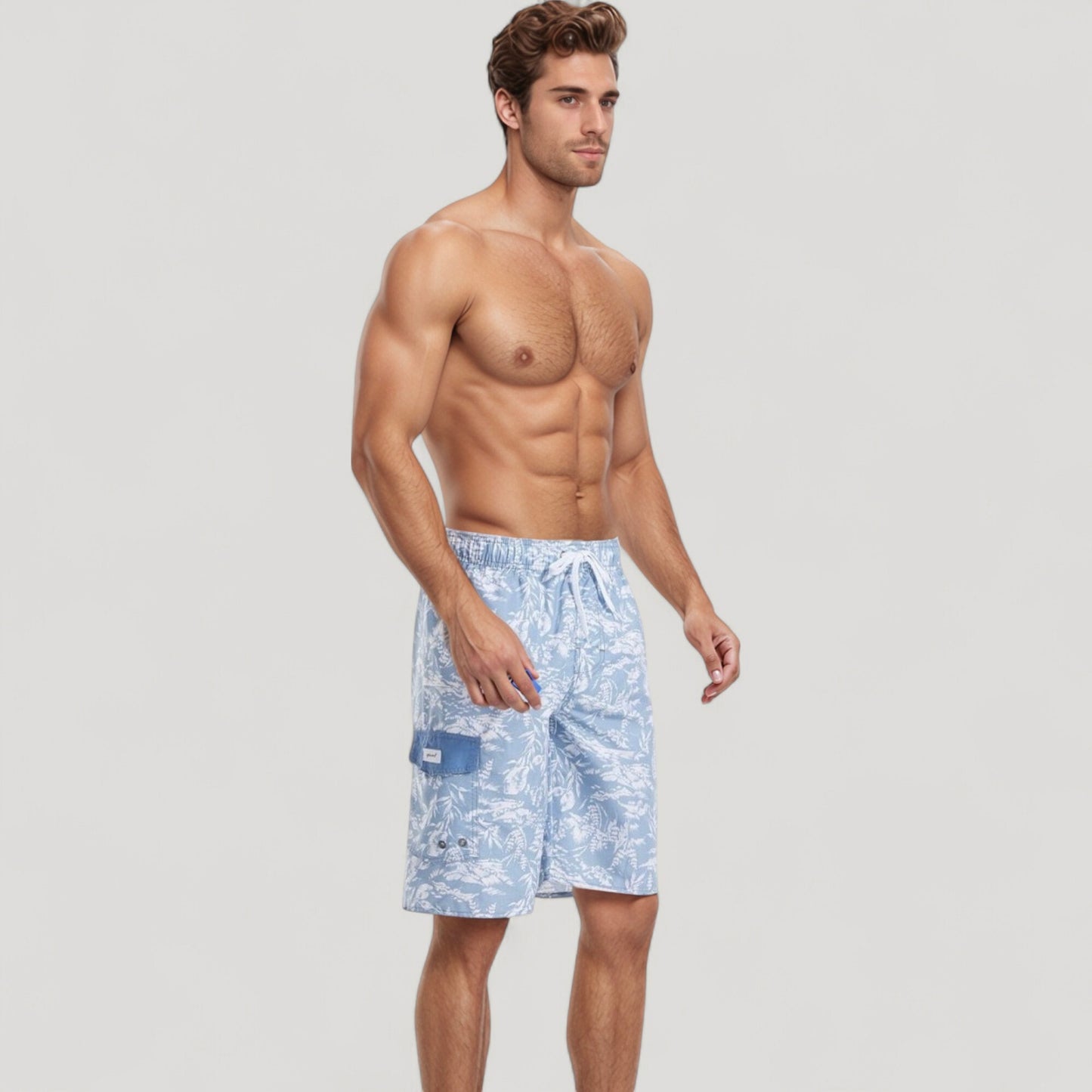 Men's Tropical Print Swim Trunks with Adjustable Drawstring Waist and Cargo Pocket Detail