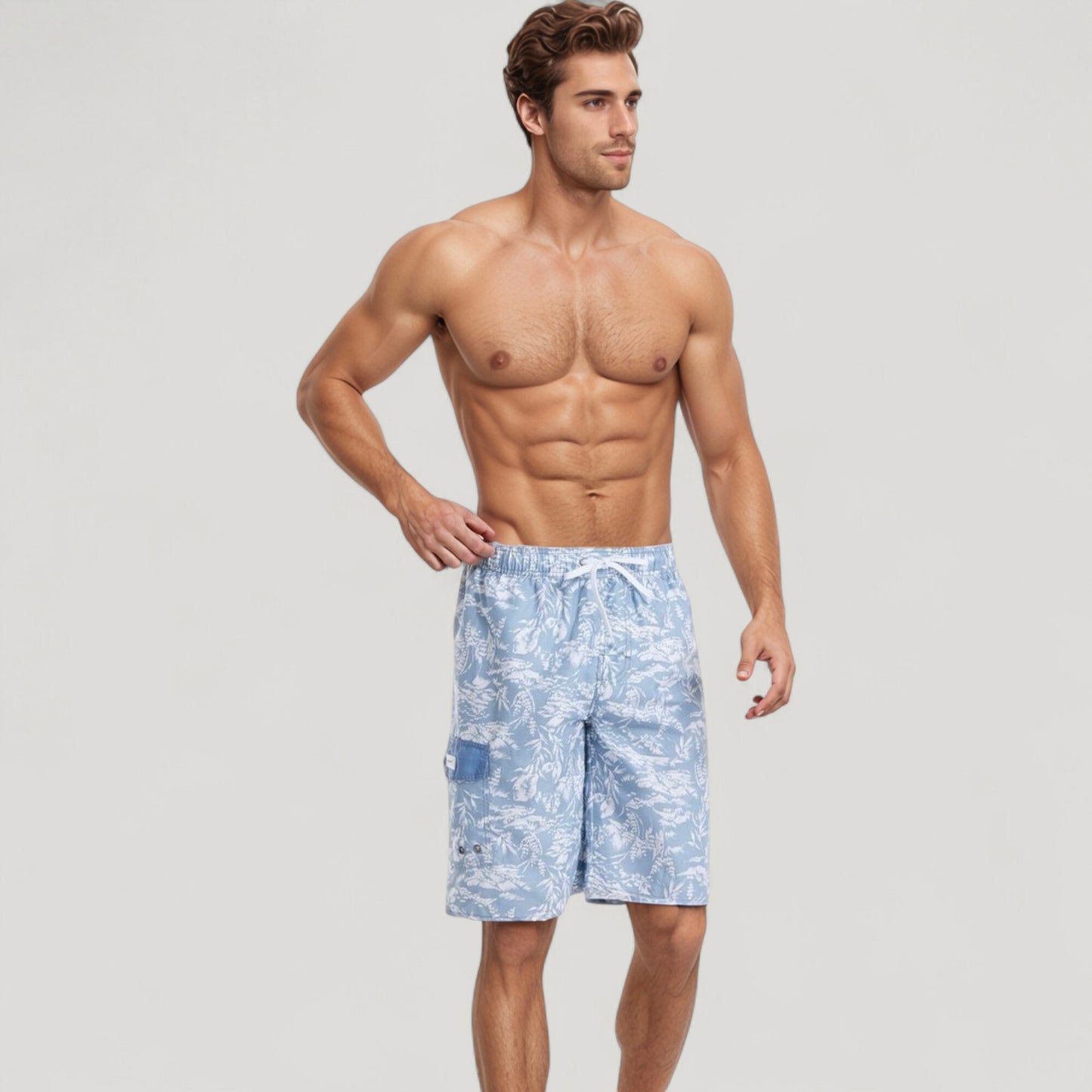 Men's Tropical Print Swim Trunks with Adjustable Drawstring Waist and Cargo Pocket Detail