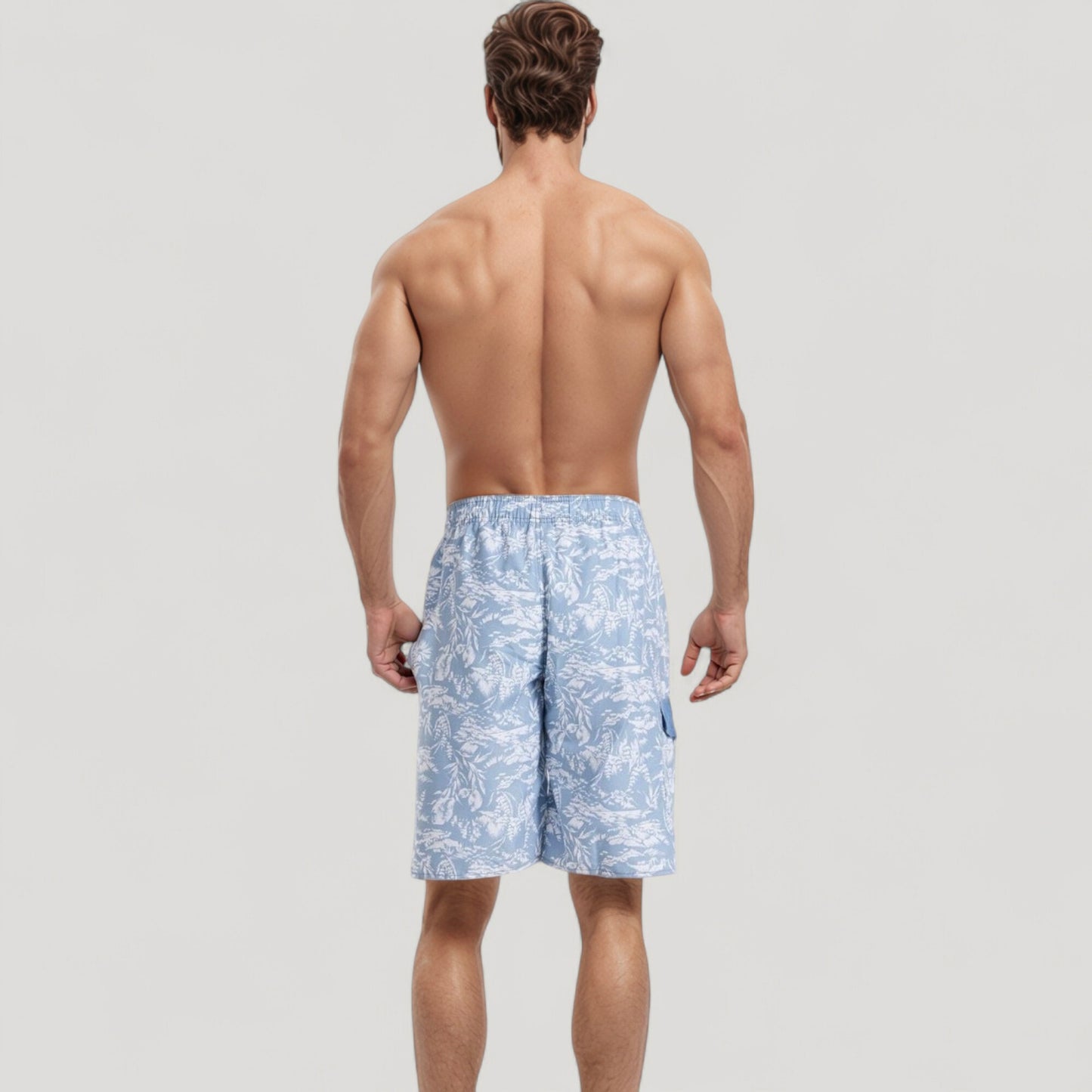 Men's Tropical Print Swim Trunks with Adjustable Drawstring Waist and Cargo Pocket Detail