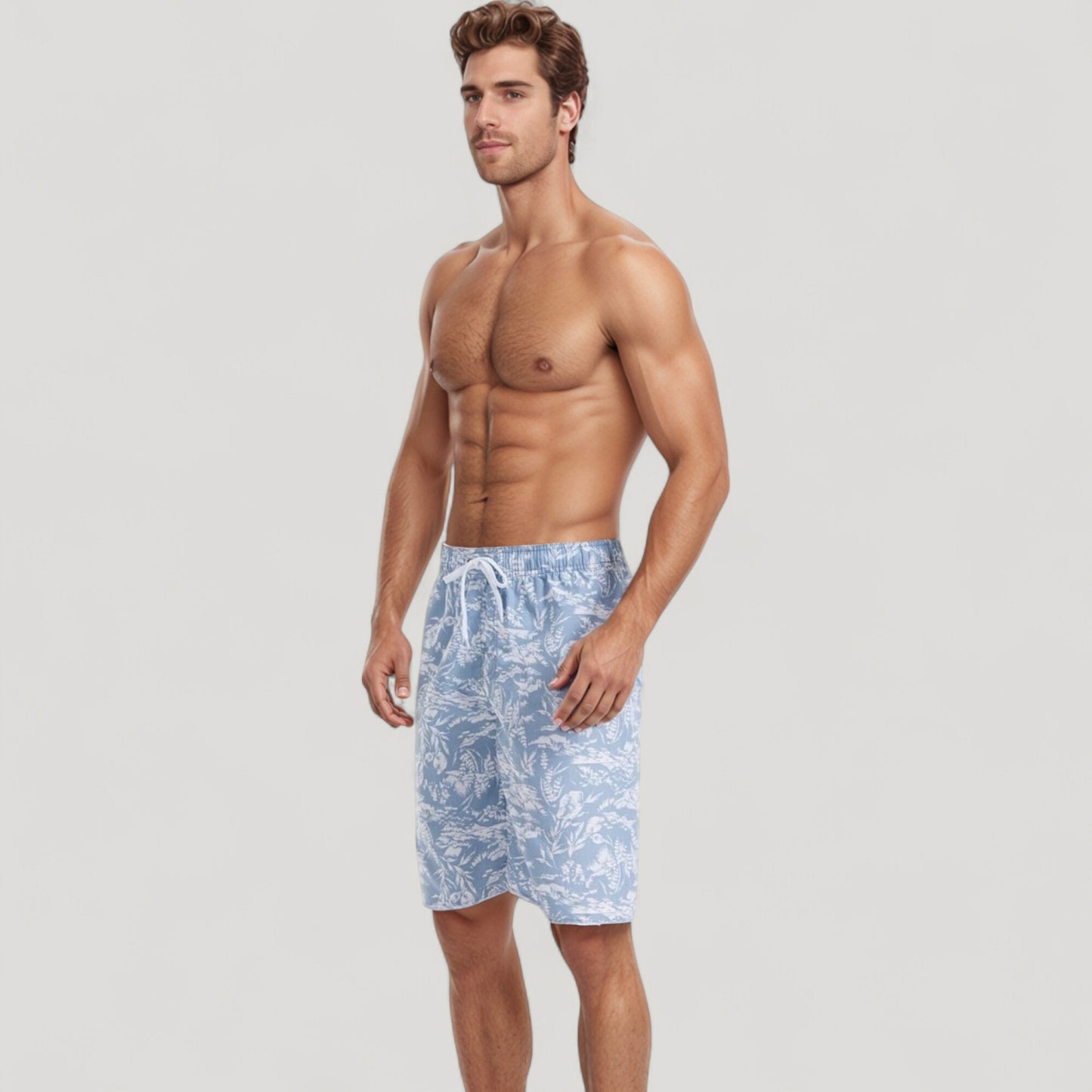Men's Tropical Print Swim Trunks with Adjustable Drawstring Waist and Cargo Pocket Detail