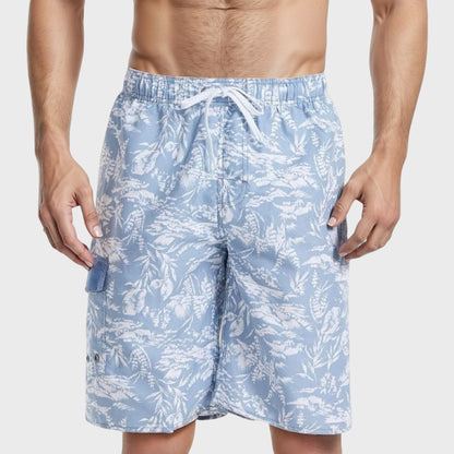 Men's Tropical Print Swim Trunks with Adjustable Drawstring Waist and Cargo Pocket Detail
