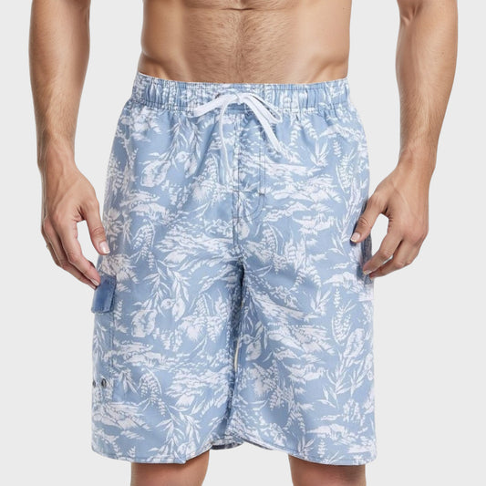 Men's Tropical Print Swim Trunks with Adjustable Drawstring Waist and Cargo Pocket Detail