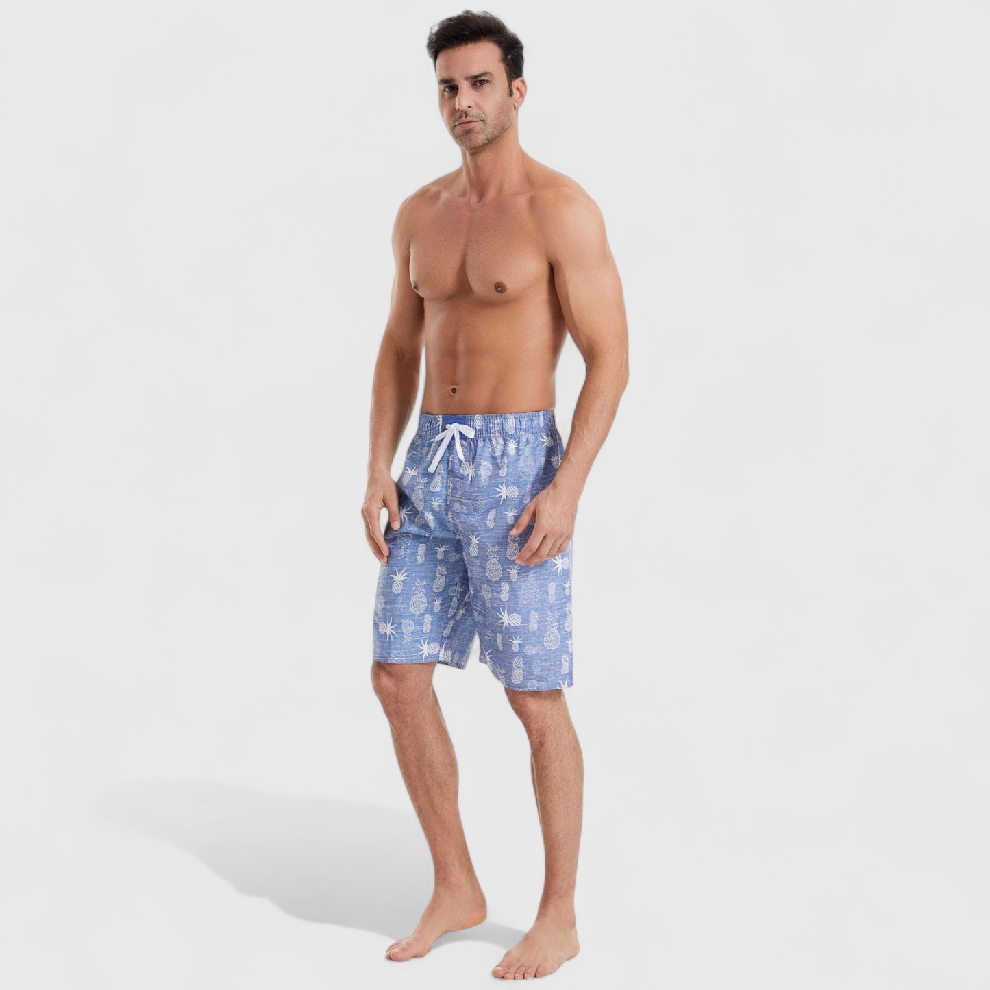 Men's Pineapple Print Swim Shorts with Adjustable Drawstring Waist and Mid-Length Fit