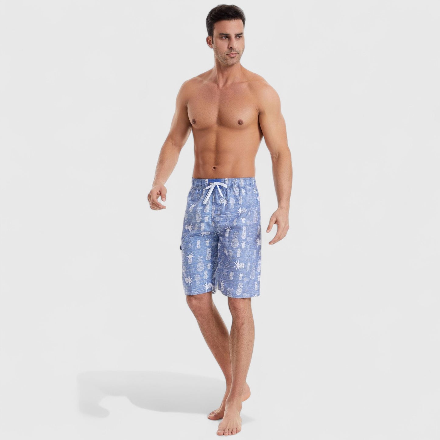 Men's Pineapple Print Swim Shorts with Adjustable Drawstring Waist and Mid-Length Fit