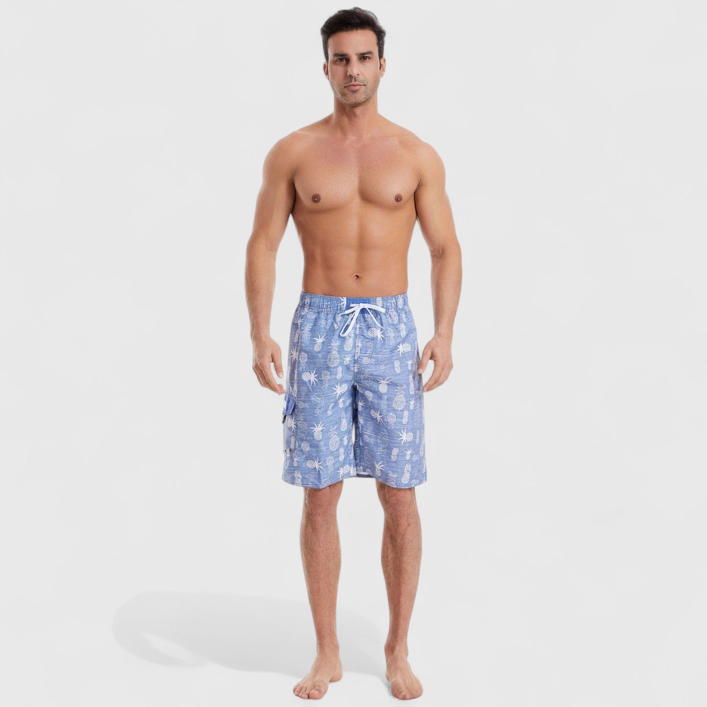 Men's Pineapple Print Swim Shorts with Adjustable Drawstring Waist and Mid-Length Fit