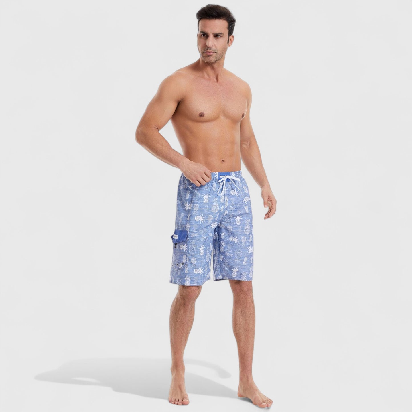 Men's Pineapple Print Swim Shorts with Adjustable Drawstring Waist and Mid-Length Fit