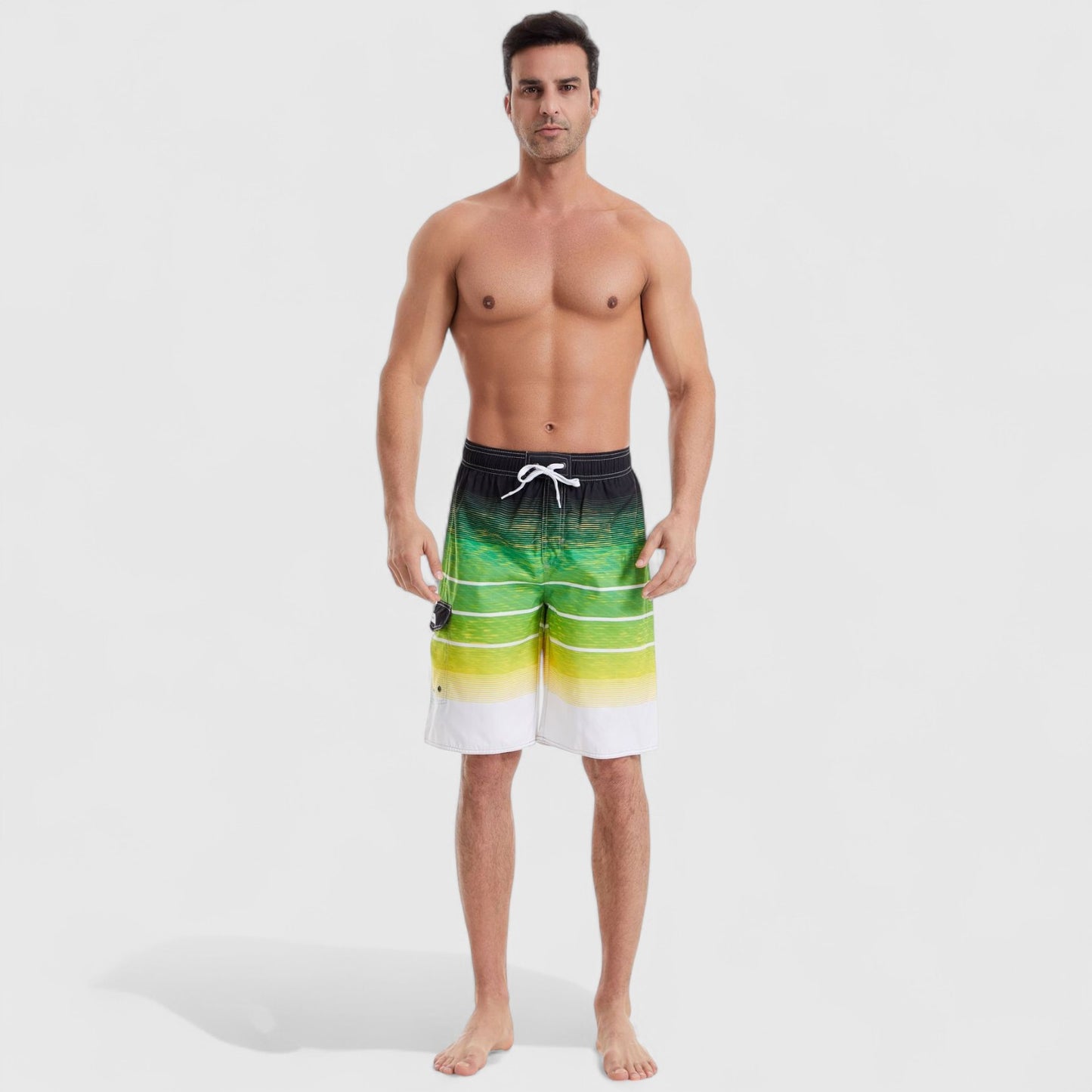 Men's Stripe Swim Shorts with Cargo Pocket and Adjustable Drawstring Waist