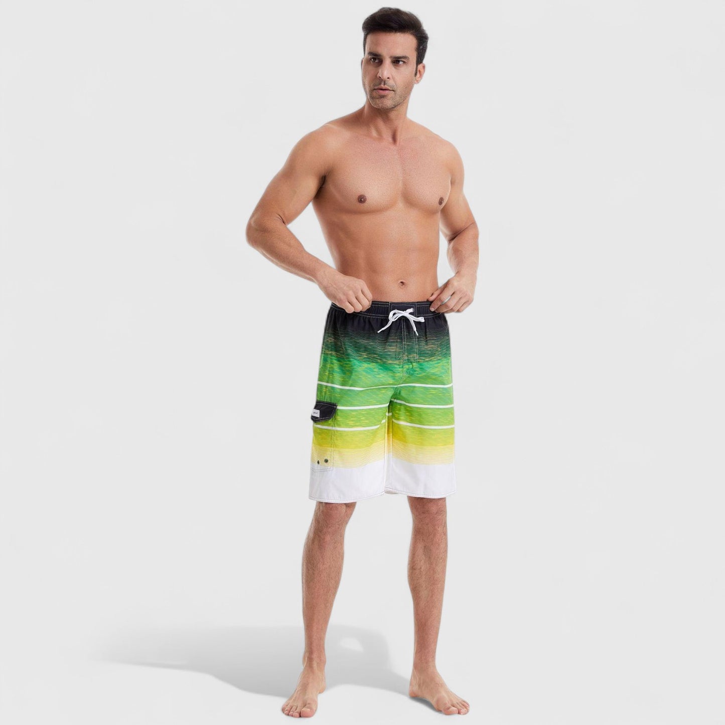 Men's Stripe Swim Shorts with Cargo Pocket and Adjustable Drawstring Waist