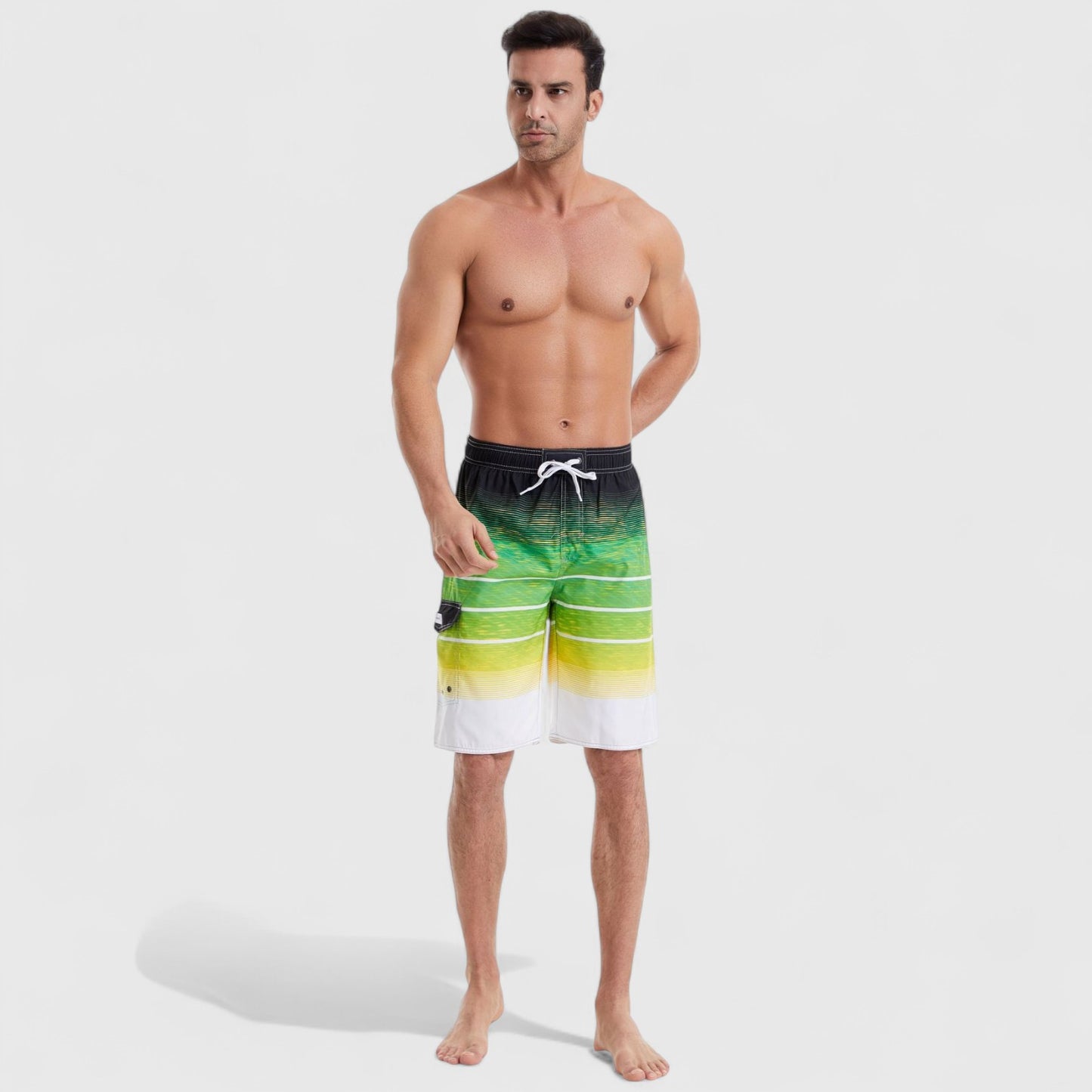 Men's Stripe Swim Shorts with Cargo Pocket and Adjustable Drawstring Waist