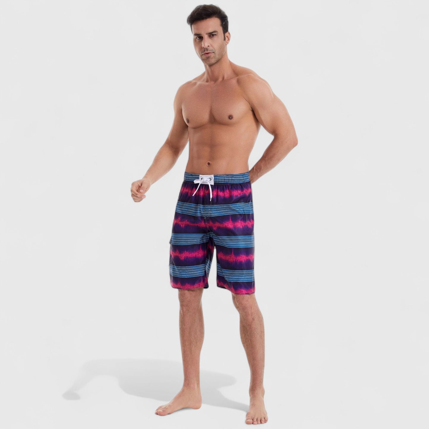 Men's Vibrant Stripe Gradient Swim Shorts with Drawstring Waist and Side Cargo Pocket