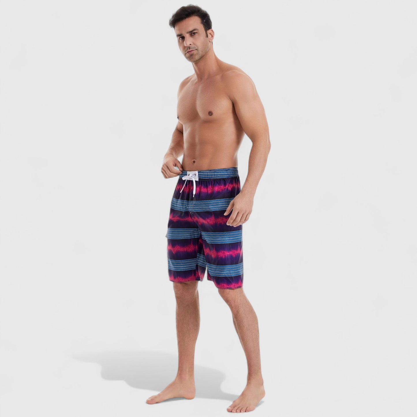 Men's Vibrant Stripe Gradient Swim Shorts with Drawstring Waist and Side Cargo Pocket